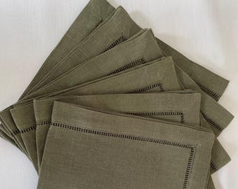 Dark Olive Green Hemstitched Napkins - Cotton Linen Blend, Set of 6
