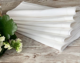 Set of 6 - 45x45cm Luxury 100% Linen- Hemstitched Napkins, Fine Dining Table Linen White