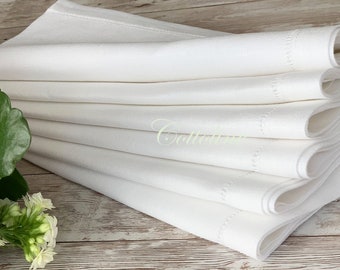 Set of 6 - 50x50cm Luxury 100% Linen - Hemstitched Napkins, Fine Dining Table Linen, White