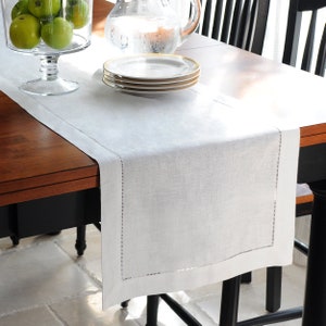 Hemstitch Table Runner - White 100% Linen - Dining Table Linen, 1-Piece 40x250cm