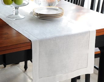 Hemstitch Table Runner - White 100% Linen - Dining Table Linen, 1-Piece 40x250cm