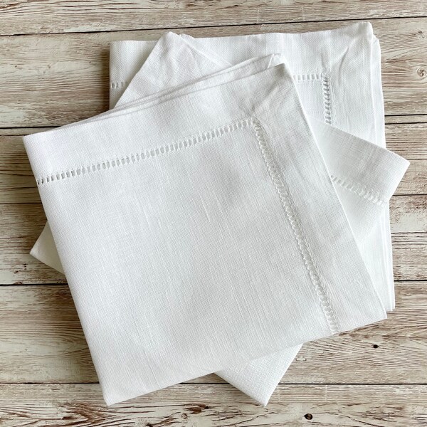 100% Linen Hemstitch Tea Napkin - Fine Dining Table Linen White, 6-Piece  30x30cm