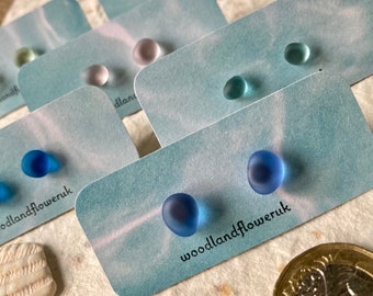 Sea glass studs earrings,tumbled glass, eco friendly, hypoallergenic dainty studs, letterbox size,safe to skin