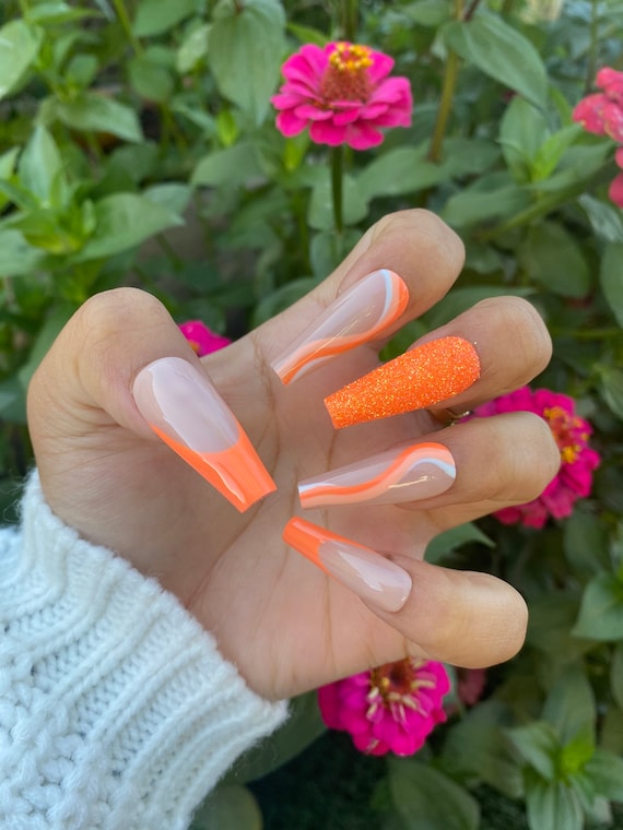 Neon orange acrylic nails deals