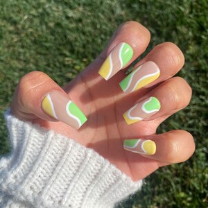 Green and Yellow Abstract Press On Nails - Fake Nails