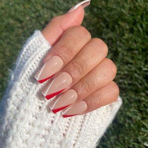 Red and White V-Tip Press On Nails image 1