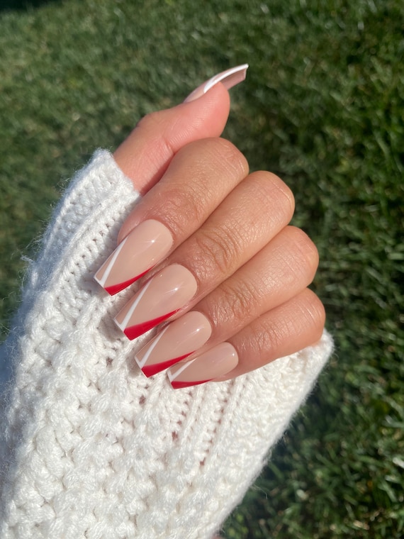 Red and White V-tip Press on Nails 