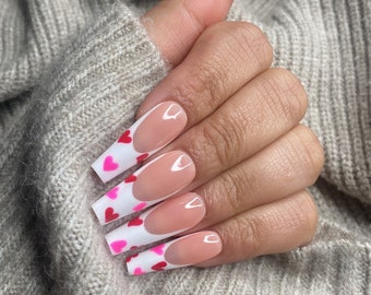Valentines White Frenchies & Hearts Press On Nails