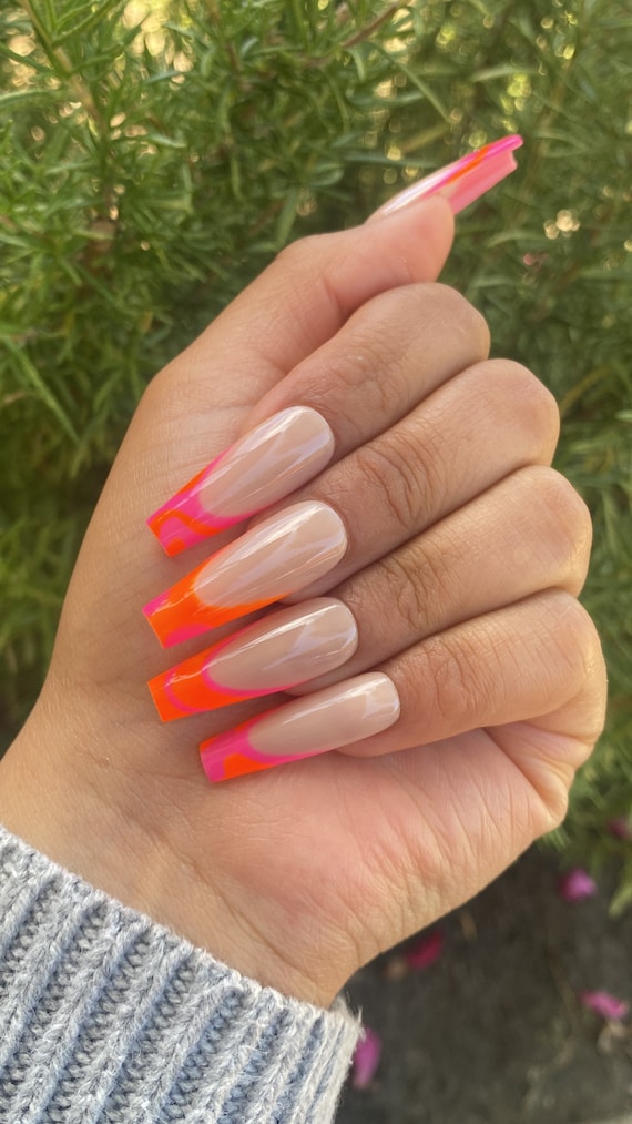 NAIL KRAFT SALON - LOVE THIS!!! Hot pink & Orange nails to brighten up your  day. . . . #NailKraft #nailsalon #nailstudio #hotpink #orange #nail  #twincolor #colorlove #bright #lovenails #nailmaster #nailshop #nailart #