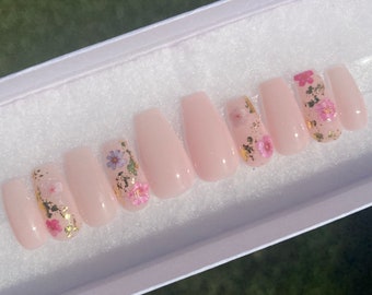 Pink Floral Press On Nails - Spring Nails - Flower Nails - Gold Nail Foil