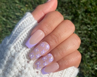 Lilac Frenchies and Flowers Press On Nails