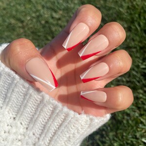 Red and White V-Tip Press On Nails image 2