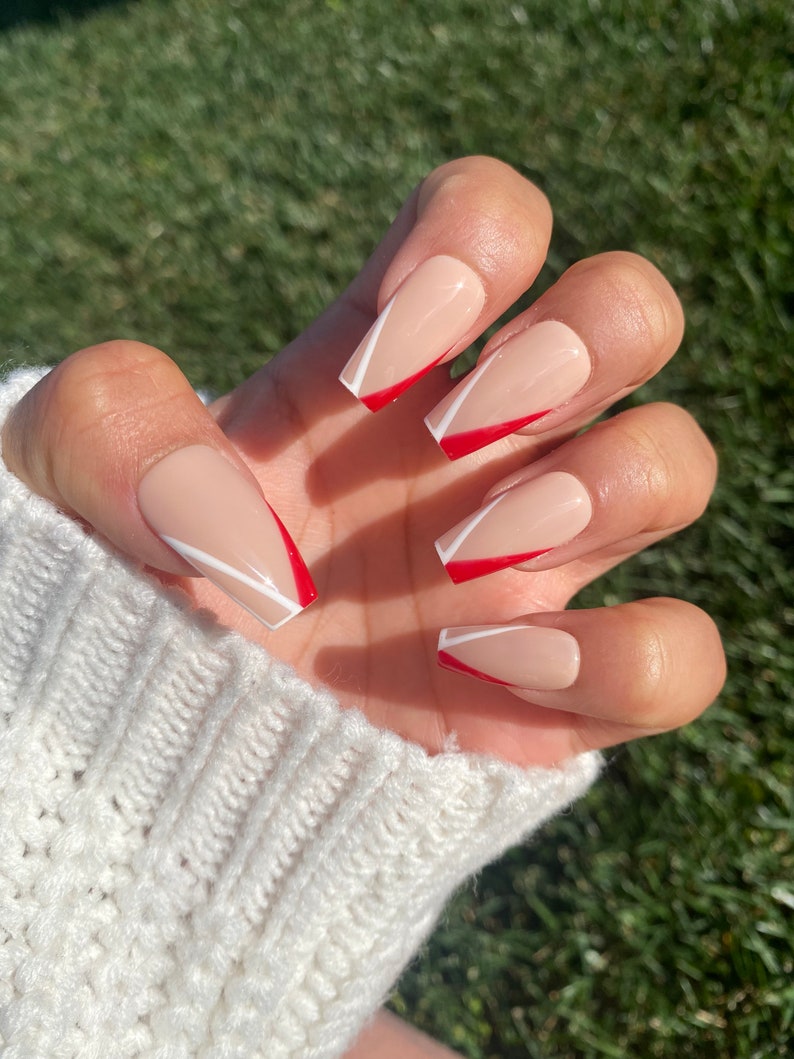 Red and White V-Tip Press On Nails image 2
