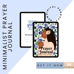 Może przedstawiać: Cyfrowy dziennik modlitwy z kwiatowym tłem i modlącą się kobietą. Okładka dziennika zawiera napis "Prayer Journal" i "Undated Daily Devotions". Widoczny jest również tekst "Get It Now" i "50 Pages".