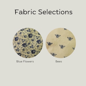 May include: Fabric Selections text above two circular fabric swatches. The left swatch features a dark blue floral pattern on a light yellow background labeled Blue Flowers. The right swatch shows dark blue bees on a light yellow background labeled Bees.