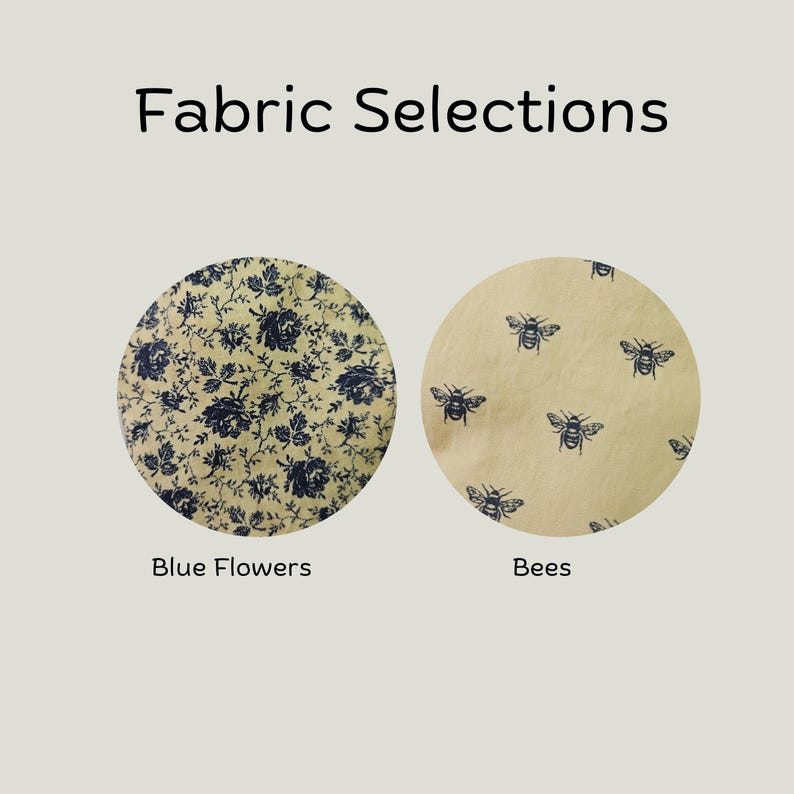 May include: Fabric Selections text above two circular fabric swatches. The left swatch features a dark blue floral pattern on a light yellow background labeled Blue Flowers. The right swatch shows dark blue bees on a light yellow background labeled Bees.