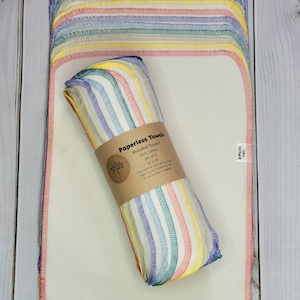 Cream Rainbow Edged Paperless Paper Towels, 6, 12 and 24 Count, Washable Paper Towel, Reusable Paper Towel, Unpaper Towel, 100% Cotton