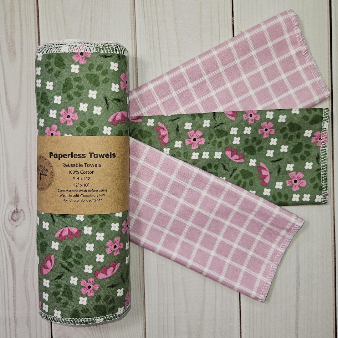 Green Floral and Lavender Lattice Print Paperless Towels, 12 Count, Washable, Reusable Paper Towel, Unpaper, 100% Cotton, Zero Waste Towel