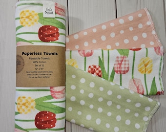 Spring Tulip Variety Pack Paperless Paper Towels, 12 Count, Washable Paper Towel, Reusable Paper Towel, Unpaper, 100% Cotton, Zero Waste