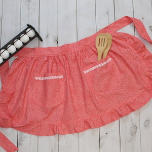 Coral Mommy and Me Retro Half Apron with Ruffles, Vintage Half Apron, Apron with Pockets