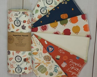 Fall Prints Paperless Paper Towels, 12- 12” X 10” 1-Ply, Washable Paper Towel, Reusable Paper Towel, 100% Cotton Towels, Paperless Towel