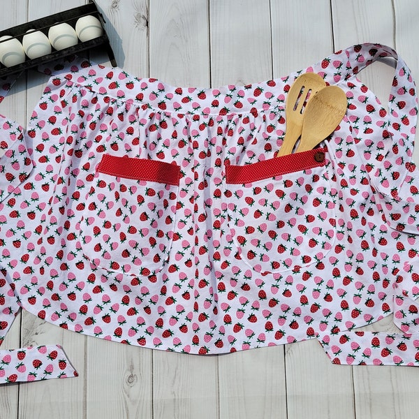 Retro Half Apron, Strawberry Apron, Red Half Apron, Vintage Half Apron, Waist Apron, Half Apron with Pockets