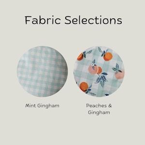 May include: The text Fabric Selections appears above two circular fabric swatches. The left swatch is a mint green and white gingham pattern labeled Mint Gingham. The right swatch features a peach and green leaf print on a mint gingham background.