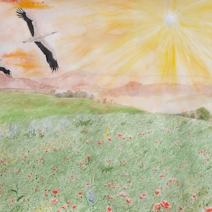 July Painting  Summer Storks Field Flowers Original Art Artwork By Oksana Usenko