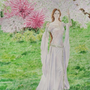 Spring garden Painting  Girl  Apple trees Flowers Original Art Artwork Digital Print By Oksana Usenko