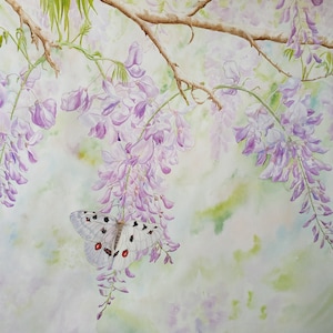 Wisteria Painting Flowers Butterfly SummerOriginal Art Artwork By Oksana Usenko