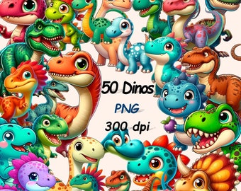 50 PNG- Images, Funny Dinos, Cute dinosaurs  clipart, TRANSPARENT background, Printable Watercolor, High Quality PNG, Digital download