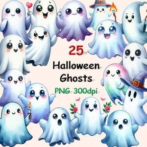 25 Cute Halloween Ghosts Clipart Bundle, Spooky Season Graphics, Adorable Ghost Clipart Set for Halloween, High-Quality PNGs on Transparent