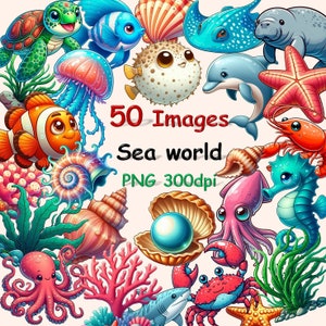 50 PNGs, Sea World, Cute fish  clipart, Summer art, holiday digital stickers, TRANSPARENT background, Printable Watercolor, High Quality PNG