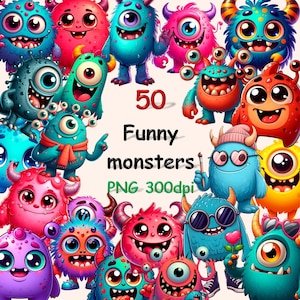 50 PNG- Imágenes, Monstruos divertidos, Imágenes prediseñadas de monstruos lindos, Fondo TRANSPARENTE, Acuarela imprimible, PNG de alta calidad, Descarga digital