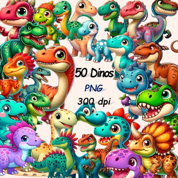 50 PNG- Images, Funny Dinos, Cute dinosaurs  clipart, TRANSPARENT background, Printable Watercolor, High Quality PNG, Digital download