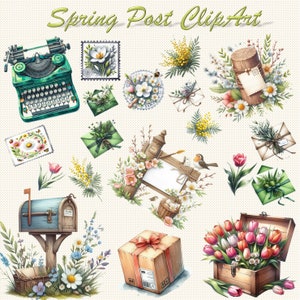 26 Spring Post stickers, Clipart, Afdrukbare aquarel clipart, Hoge kwaliteit JPG, Digitale download, Papieren ambacht