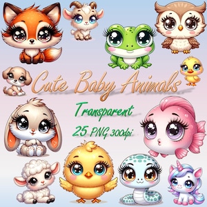 Paquete de 25 PNG de animales bebés en acuarela, imágenes prediseñadas de animales lindos, imágenes prediseñadas de animales lindos en acuarela, impresión para guardería, descarga digital, uso comercial