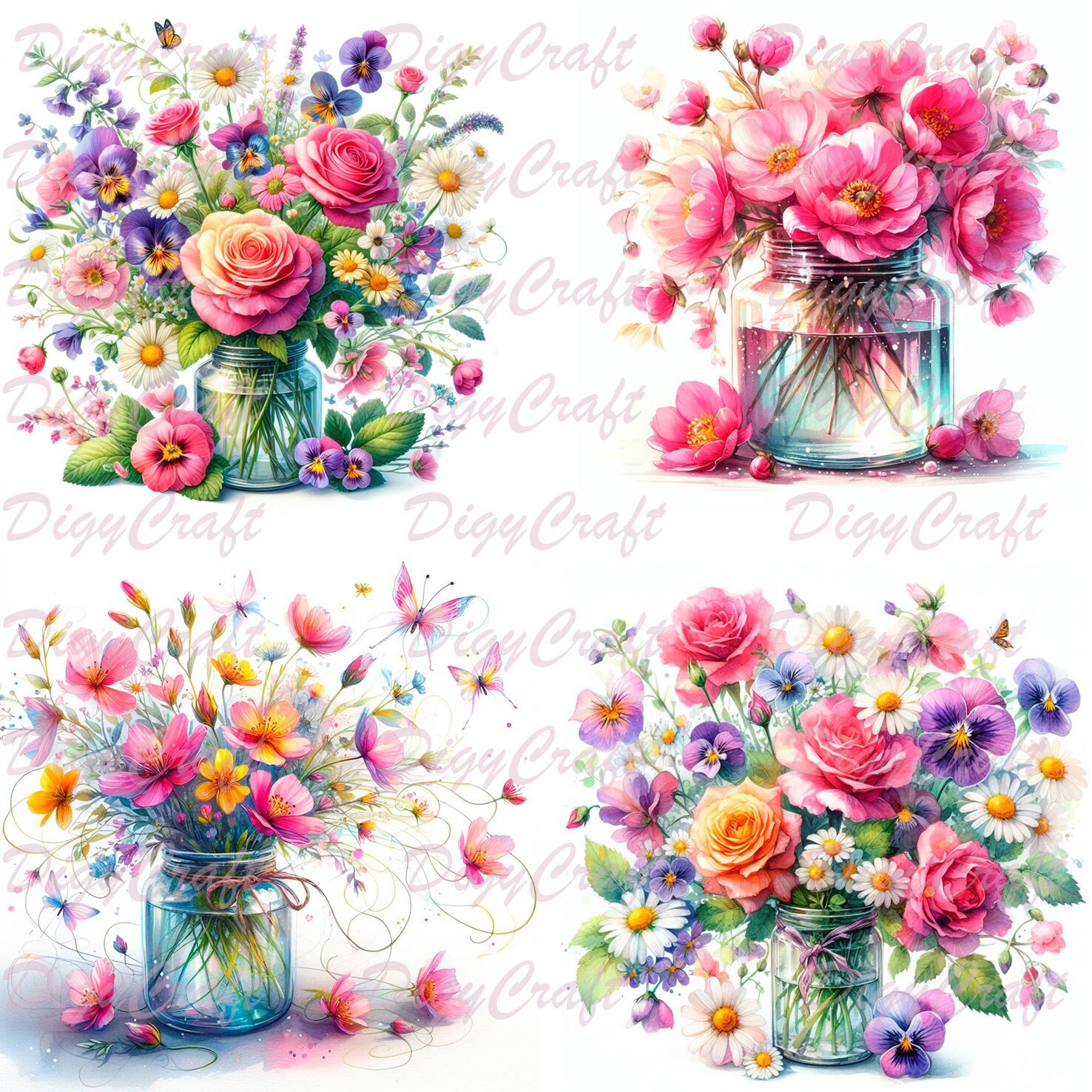 30 Images, Flowers in a Jar Clipart, Printable Watercolor Clipart, High ...