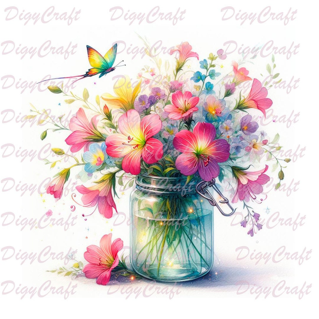 30 Images, Flowers in a Jar Clipart, Printable Watercolor Clipart, High ...