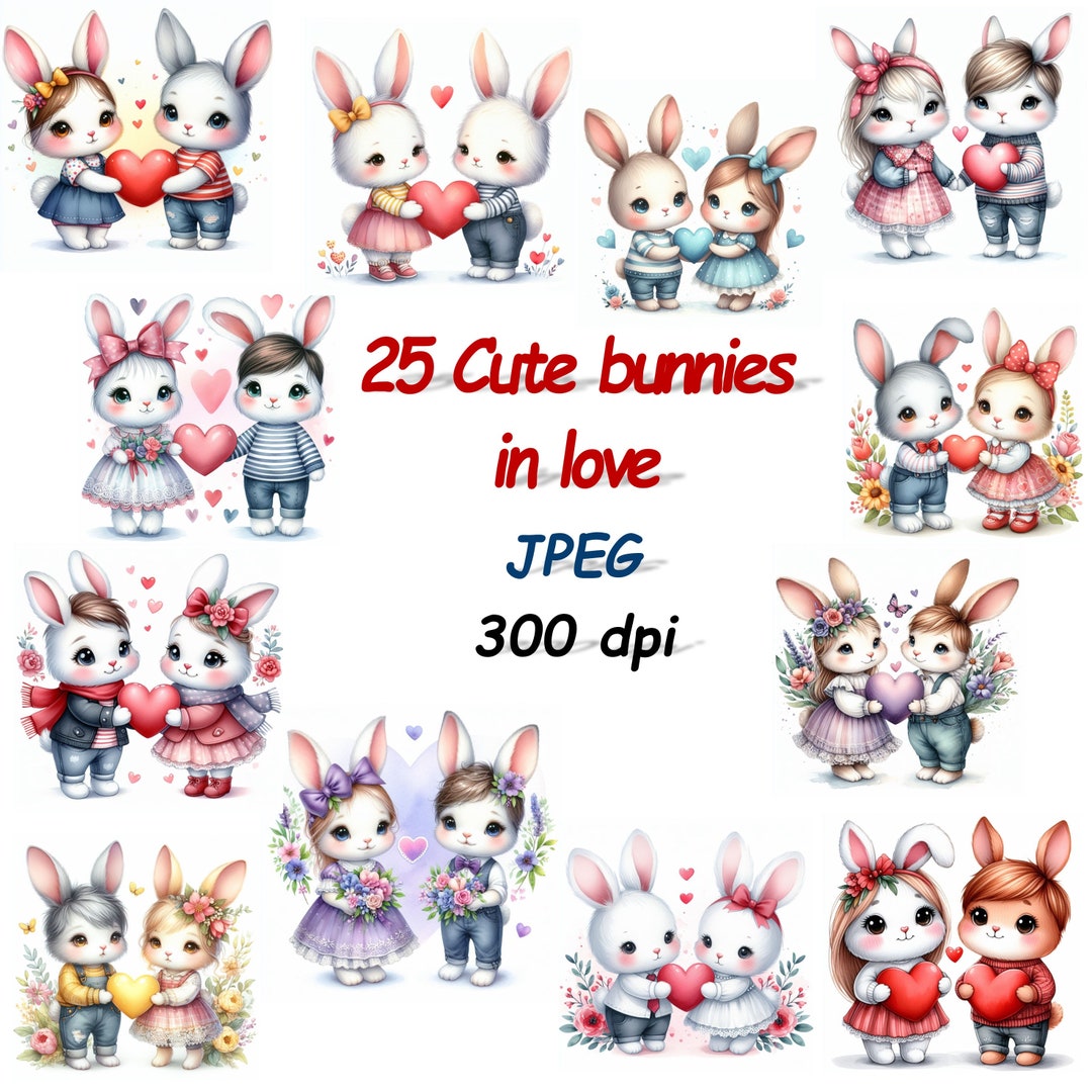 25 Cute Bunnies in Love, Valentine's Day, Watercolor Clipart - Etsy