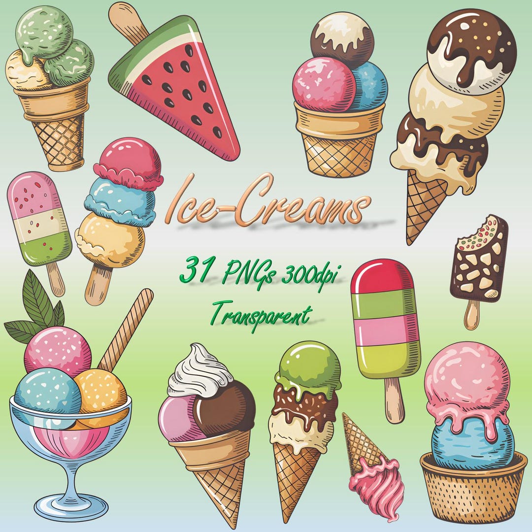 31 Pngs, Summer Ice Cream Clipart: Transparent Background (commercial
