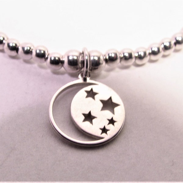 Bracelet perles argent breloque lune étoiles argent 925