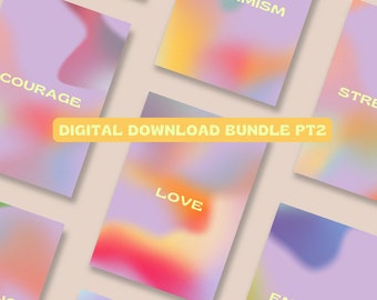 May include: A digital download bundle of 8 printable cards with colorful gradient backgrounds and positive words in yellow text. The words are: "Courage", "Love", "Optimism", "Empathy", "Strength", "Kindness", "Peace", and "Joy".
