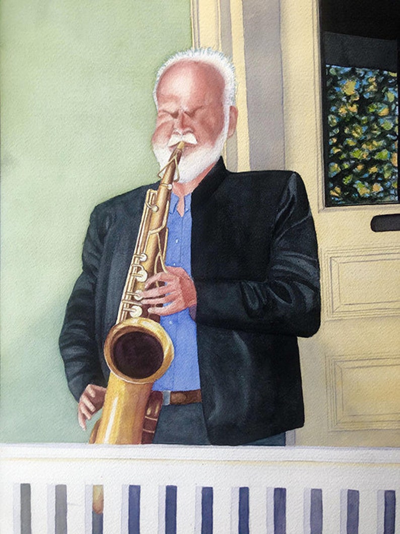Watercolor Sax Player FINE ART PRINT Print Alone or Matted Porch Puckerer Multiple sizes