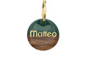 Dog tag / tag for dogs dark green wood - Personalized with name / on both sides / with telephone number