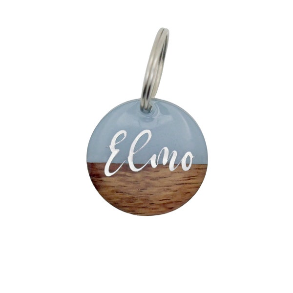 Dog tag / tag for dogs blue/light blue/blue-grey wood - personalized with name / on both sides / with phone number / engraving