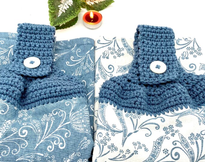 Cornflower Blue Floral Themed Hanging Kitchen Towels Set of 2 With