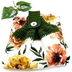 Kitchen Hand Towels, Deluxe with Crochet Topper & Button Closure in a Floral Print with Colors in Gold, Olive, Browns, HangingTea Towels