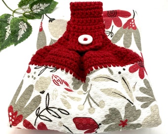 Dramatic Floral Themed Hanging Dish Towel with Crochet Topper & Button Closure in the Colors of Gray, Beige, Deep Red, Black and White