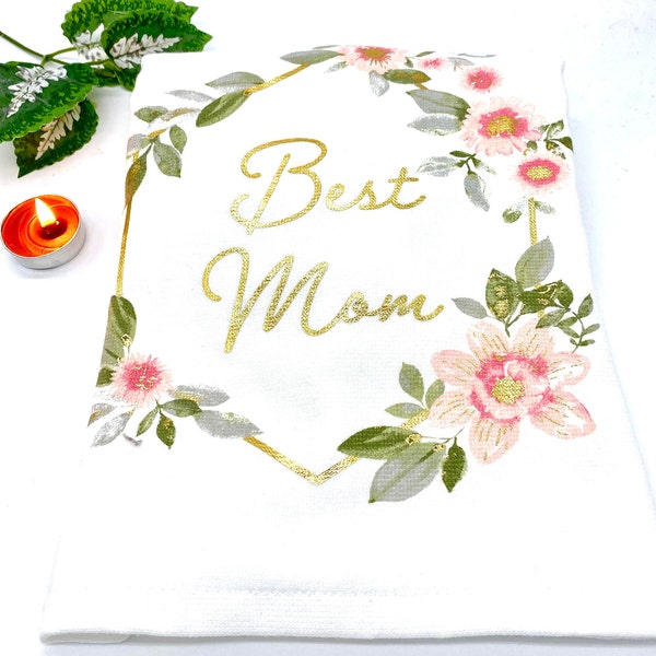 Kitchen Towel with Crochet Topper and Button Closure, Celebrate Mom Hanging Dish Towel with Elegant Floral Design in the Color of Blush